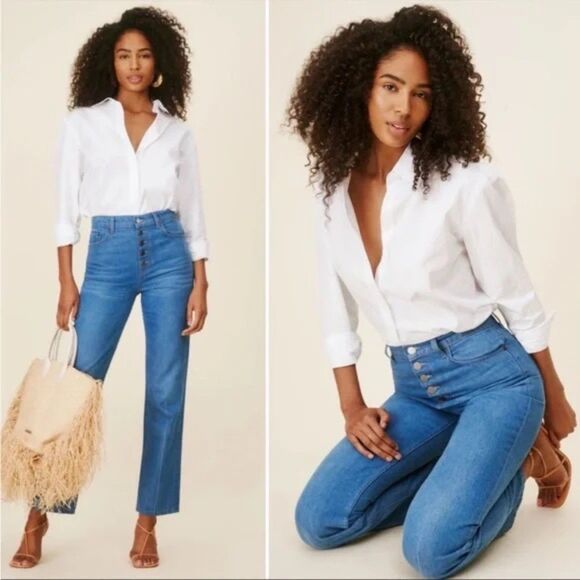 NWT Reformation Cynthia Button Fly High Rise Straight Jeans in Zenia Medium Blue - Picture 4 of 13